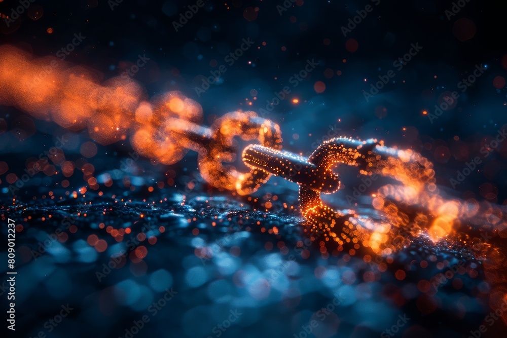 Poster macro shot of sparkling chain links with a fiery bokeh effect, creating an abstract atmosphere