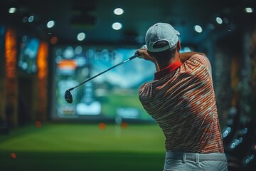 A golfer captured in the middle of a swing at an indoor golfing range, focusing on the golfer's form and the ambient lighting of the venue