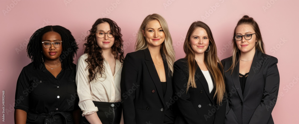 Poster multiple women of varying ages and ethnicities standing in a row next to each other in a casual sett