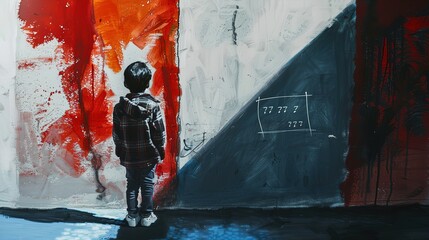 artful graffiti style illustration, a boy dream and hope concept, young child with messy grungy wall, Generative Ai