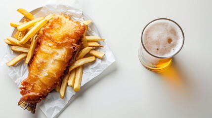 Minimalist Food Photography, A minimalist approach to fish and chips with a simple beer, showcased on a pristine white surface, focusing on the textures and colors with space for text