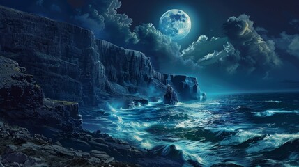 Moonlit Coastal Cliffs, Aerial view of rugged coastal cliffs under the full moon, with waves crashing against the rocks and moonlight casting dramatic shadows