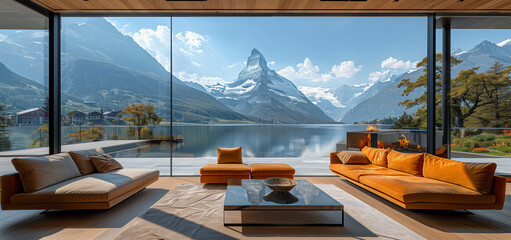 Summer view on Matterhorn mountain in Switzerland from modern apartment.