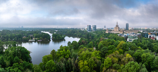Bucharest from above aerial photo. Cloudy spring morning landscape with the north part of...