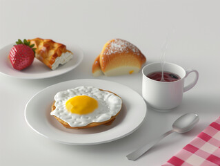 A serene breakfast scene with a fried egg on toast, fresh strawberry, croissant, and steaming tea.