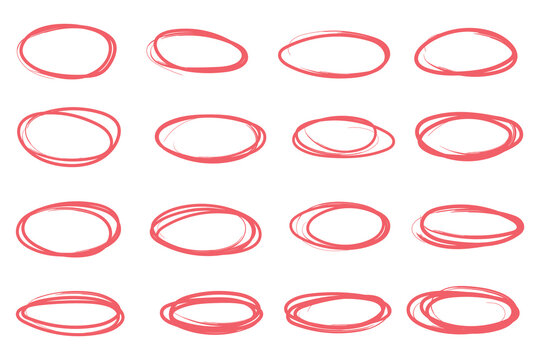 Doodle pencil drawn oval circles. Red grunge ovals and circles for highlighting 
