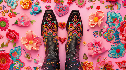  embroidered hearts, leopard print and cowboy boots on a pink background with colorful embroidery, hearts and flowers in the corners, trendy fabric design