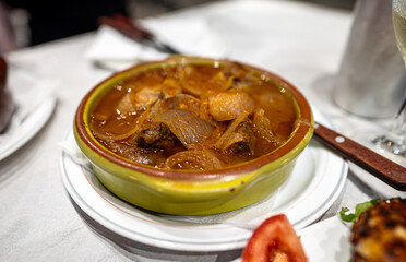 Traditional Greek Beef Stifado with onion.