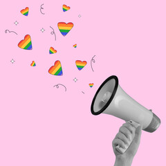 Rainbow heart megaphone with colorful sound waves represents the LGBTQ community, freedom and acceptance against pink background. Contemporary art. LGBT, equality, pride month, support, love, concept