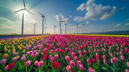 Panoramic, colorful tulips blooming, solar panels and wind turbines in the background, symbolizing future energy harmony