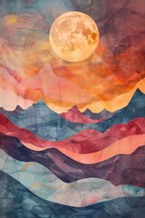 Playful watercolor and oil painting of abstract mountains and the moon, the minimalist waves combining warm retro tones