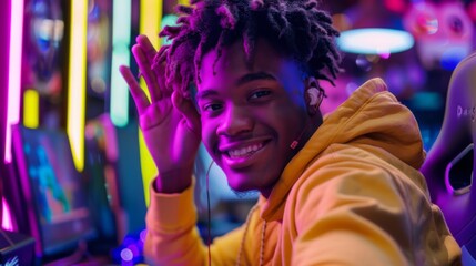 Smiling Young Man in Neon Lights