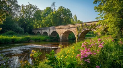 Fototapeta premium Scenic spring landscape near a classic bridge, blooming flowers and lush greenery surrounding it under clear skies