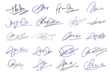 Signatures set. Fictitious handwritten signatures for signing documents on white background. 