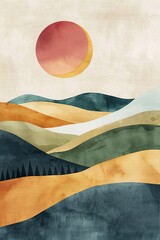 Simplistic watercolor of a retro-style landscape with rolling hills and abstract sun and moon, creating a dreamy and minimalist aesthetic