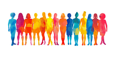 Women's right concept. Diversity and tolerance.  Multi colored watercolor painted  female silhouettes in a row on transparent or white background.