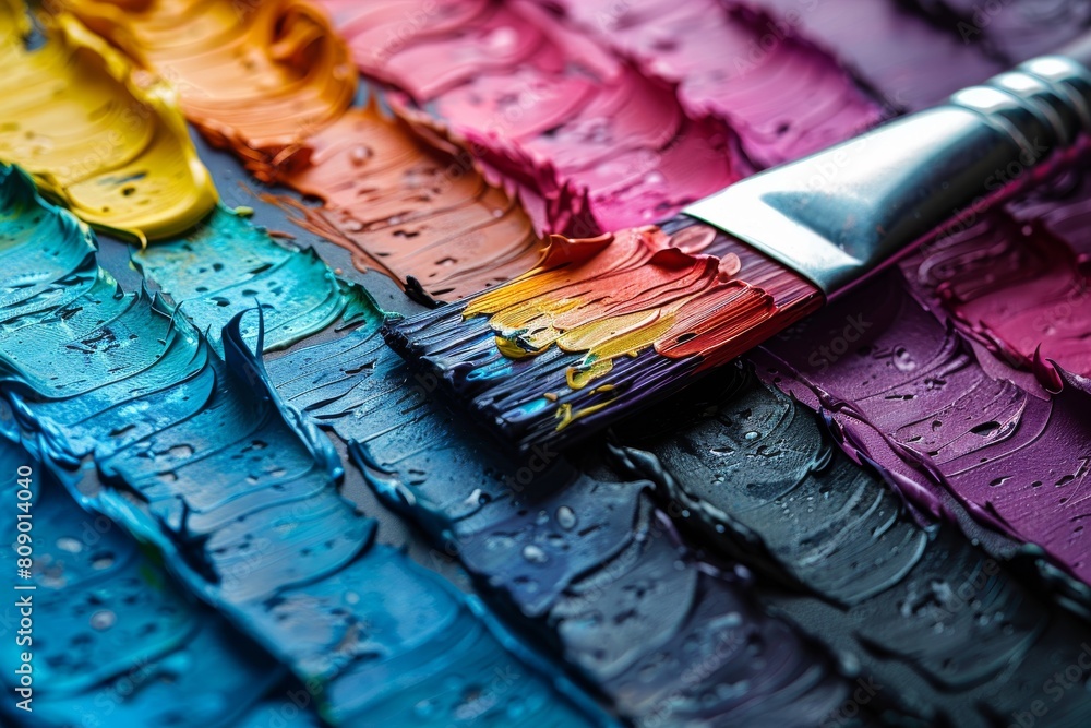 Poster close-up image of a paintbrush with a mixture of colorful paints on a textured canvas, indicating ar
