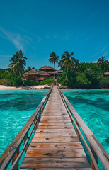 A wooden bridge over a body of water with a palm trees and huts on the beach