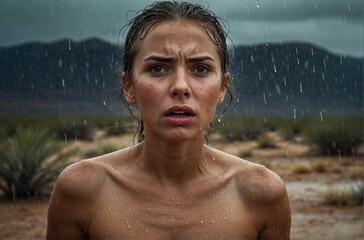 Surprised woman standing in the rain with worried expression