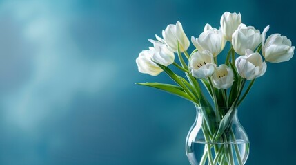 Studio-lit close-up of elegant white tulips in a clear glass vase, softly isolated on a blue background for an elegant, refined look