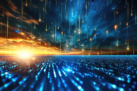 a lot of falling stars in the night sky. The stars are blue and white, and they are falling in a diagonal line. The background is dark blue, and there are some clouds in the sky. The image is very bea