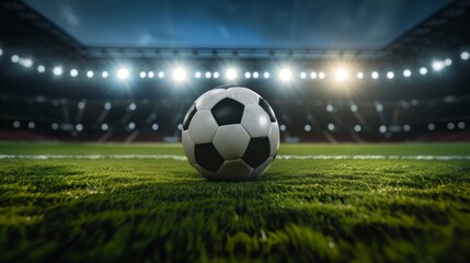 Naklejka premium classic soccer ball on grass in a stadium in high resolution and quality