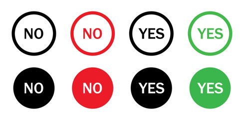 Yes and no vector icon set with different style. Yes or no choice. Set of yes or no icon sign symbol. Yes or no button. Tick mark and cross mark. Green yes and red no icon. Vector illustration.