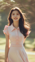 핑크색 드레스 입은 아름다운 한국 여성