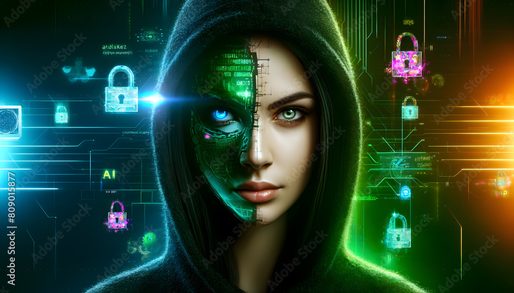 Poster a mysterious and dramatic scene of a hacker, with her face partially obscured by streaming green bin