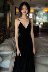 검정색 끈 드레스 입은 한국 여성