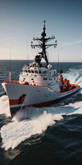 Naklejka premium A Coast Guard boat cleaves the waves of the sea. Sunny weather. U.S. Coast Guard Day