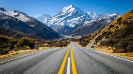 Naklejka premium Asphalt highway road winding through a majestic mountain landscape on a bright day