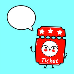 Cinema ticket with speech bubble. Vector hand drawn cartoon kawaii character illustration icon. Isolated on blue background. Cinema ticket character concept
