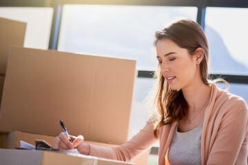 Smile, woman and box with documents in new home for mortgage loan, property agreement and...
