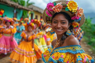Cheerful dancing woman in folkloric costume during a cultural parade