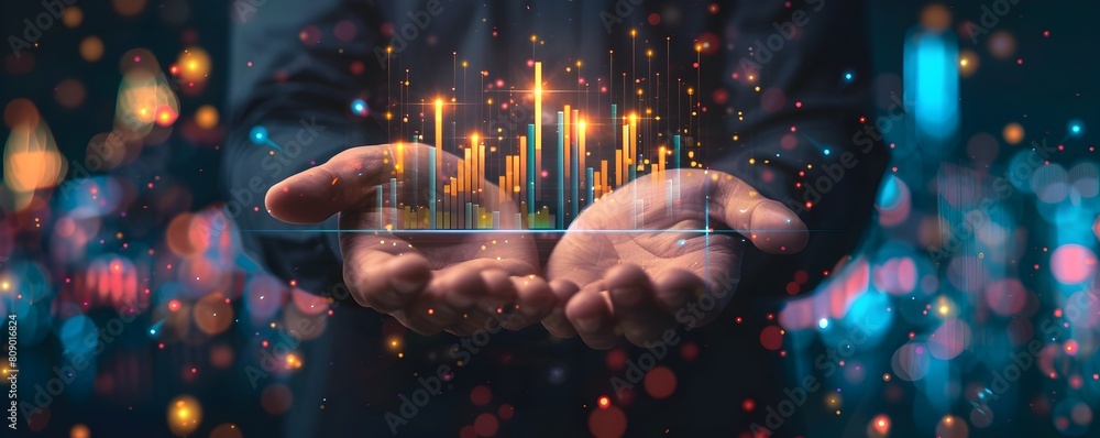 Poster glowing data bar graph emerging from businessman s hand showcasing modern data interpretation and ma