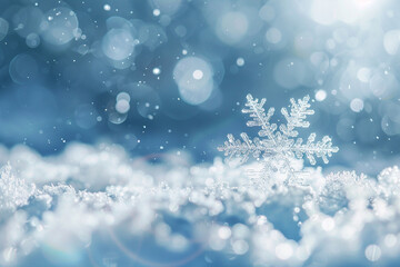 Sparkling snowflake on icy surface with glowing bokeh lights.
