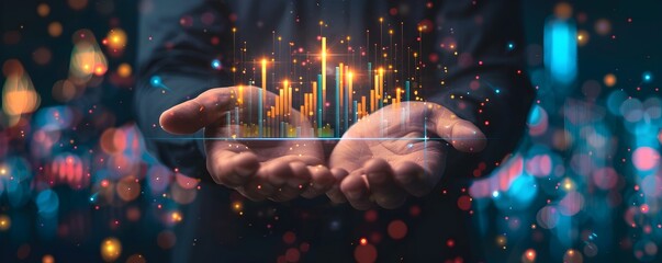 Glowing Data Bar Graph Emerging from Businessman s Hand Showcasing Modern Data Interpretation and Management Solutions