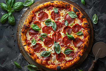 Tasty pepperoni pizza and cooking ingredients tomatoes basil.