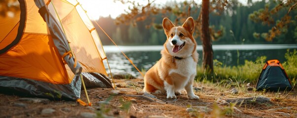 Pembroke Welsh Corgi at a campsite, sitting by a tent, excellent for camping gear or outdoor adventure ads.
