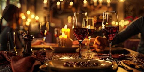 An image of a couple enjoying a romantic dinner at a restaurant, with candlelight, wine glasses, and affectionate gestures, creating a romantic and intimate atmosphere - Powered by Adobe