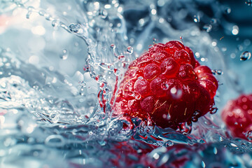 Ripe raspberry splash with strawberry juice droplets.
