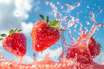 Ripe strawberry splash with water droplets.
