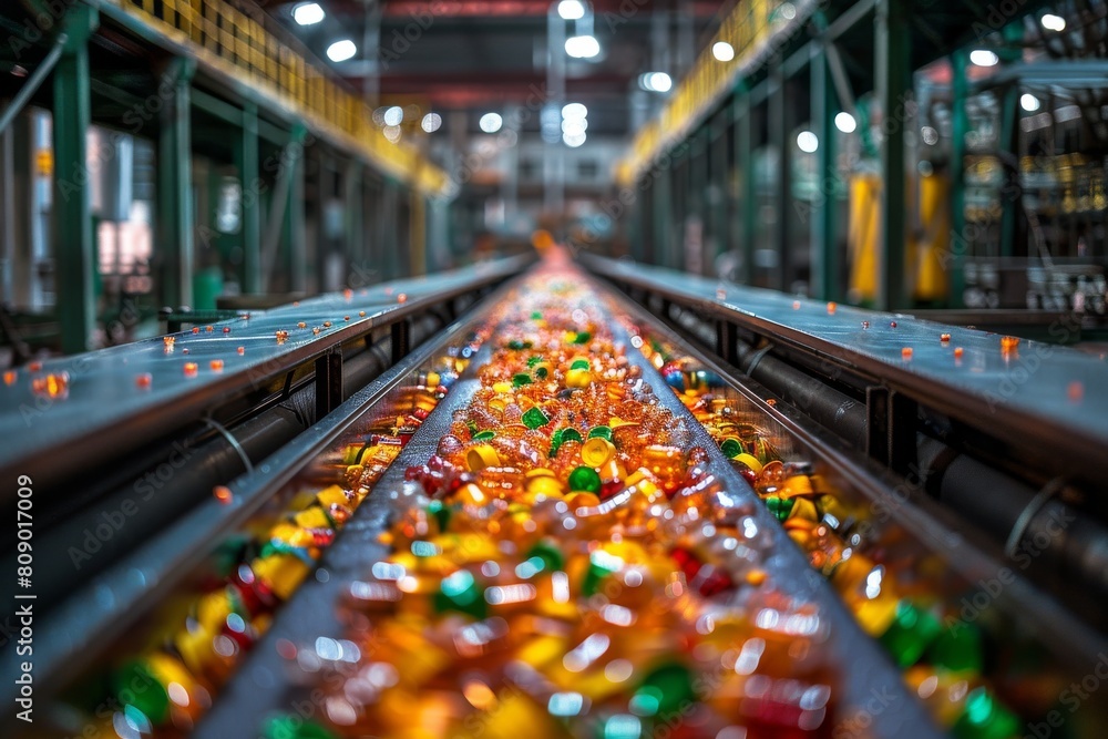 Aufkleber an intricate view of a bottling conveyor belt system in motion, evoking the rhythm and precision of 