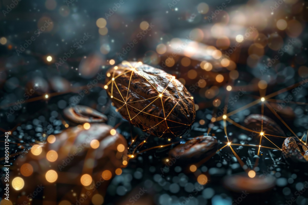 Poster a conceptual illustration of cocoa beans connecting to chocolate neural pathways, highlighting their