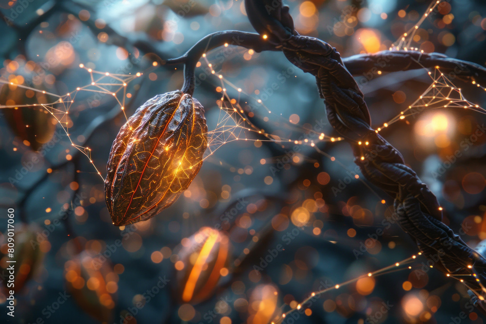 Poster a conceptual illustration of cocoa beans connecting to chocolate neural pathways, highlighting their