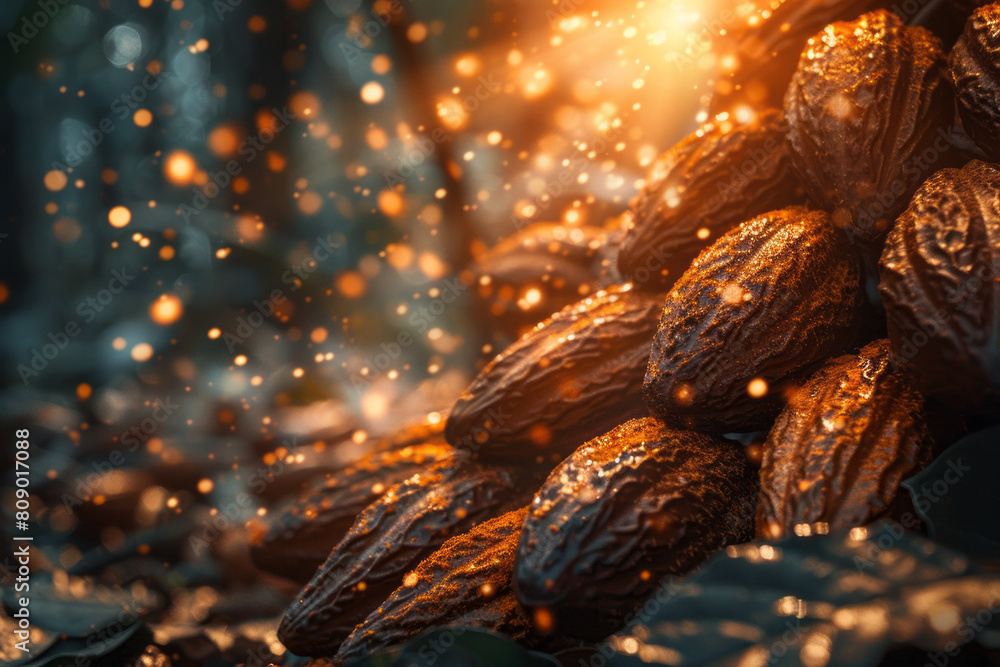 Poster A mystical view of cocoa beans as chocolate orbs, glowing with internal energy and casting a warm, invigorating light,