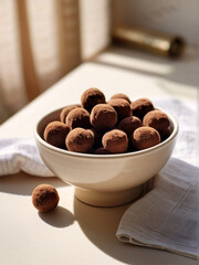 Delicious homemade dark chocolate truffles in a bowl