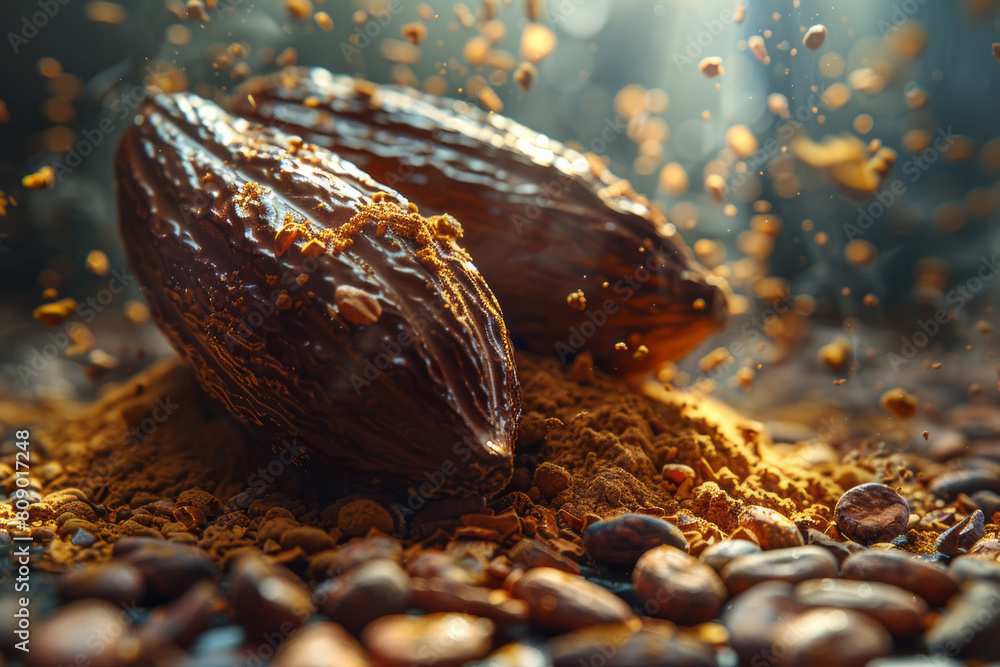 Poster Cocoa beans illustrated as ancient artifacts that unlock chocolate waves, flowing and revitalizing ancient civilizations,
