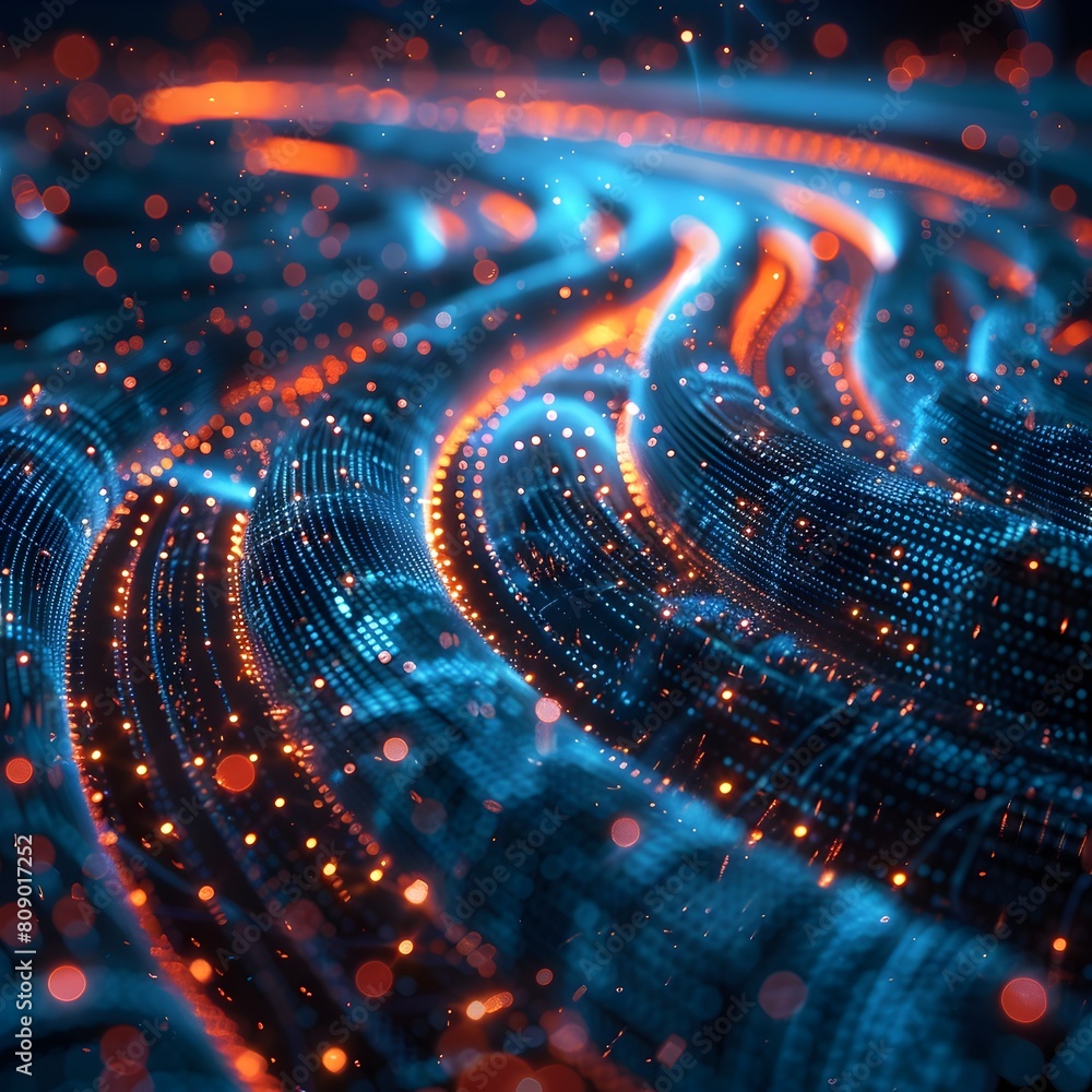 Poster pulsating quantum computing cores interconnected by fiber optic lights symbolizing speed and connect